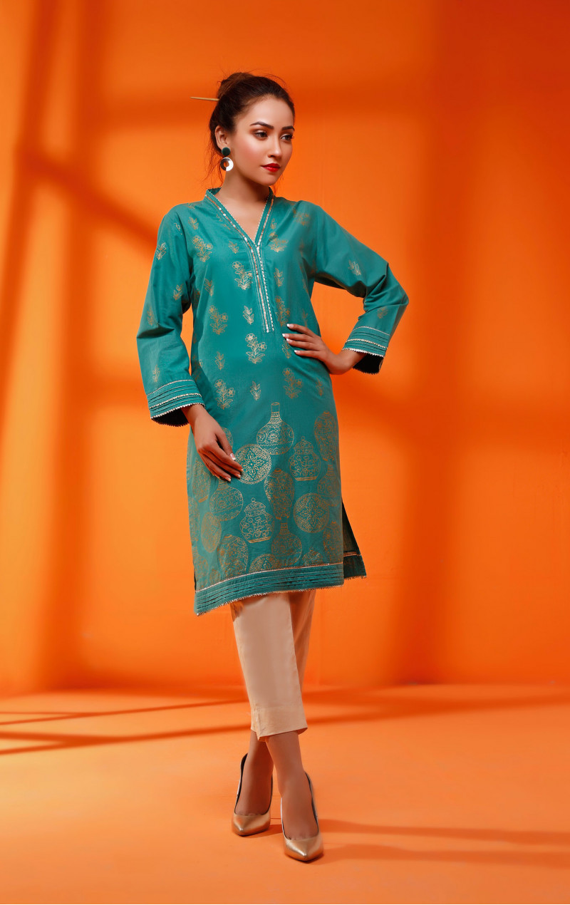 Navy Blue Cambric Screen Printed Kurti